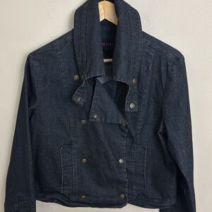 KIKIT Y2K Women's Dark Wash Cropped Denim Moto Jacket size L Streetwear Spring